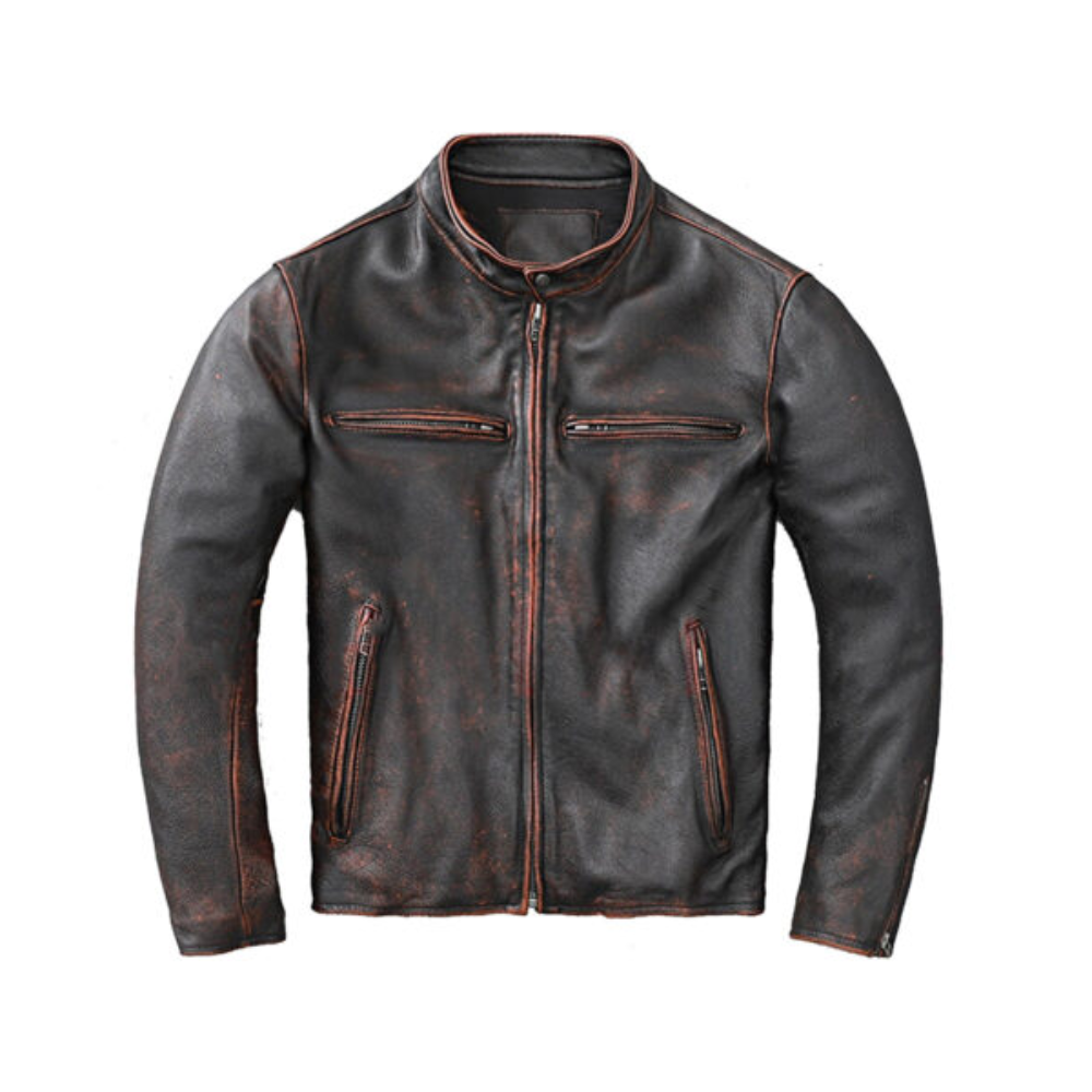 Men’s Black Distressed Retro Leather Cafe Racer Jacket