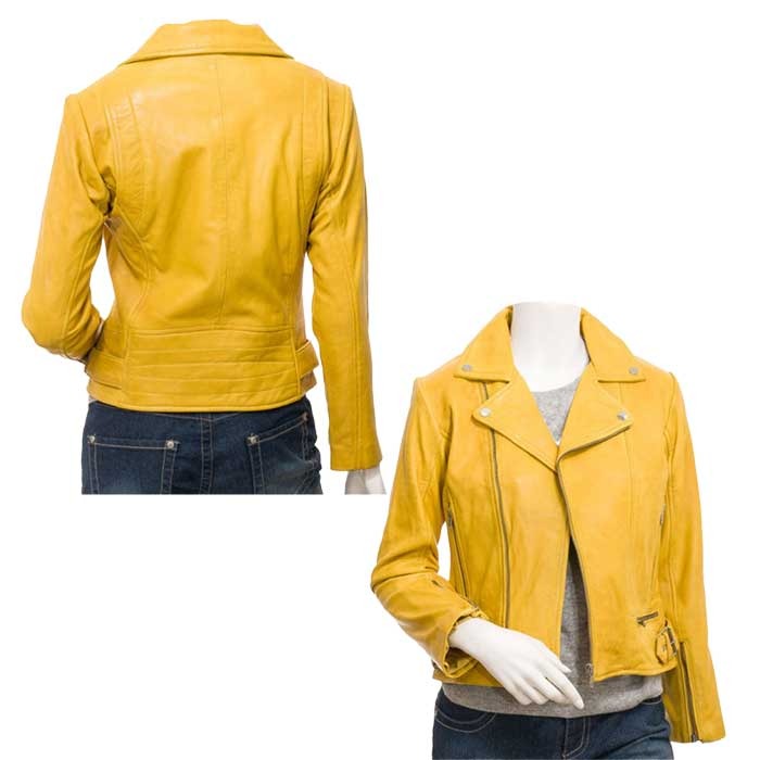 Womens Yellow Leather Biker Jacket - STYLO ZONE